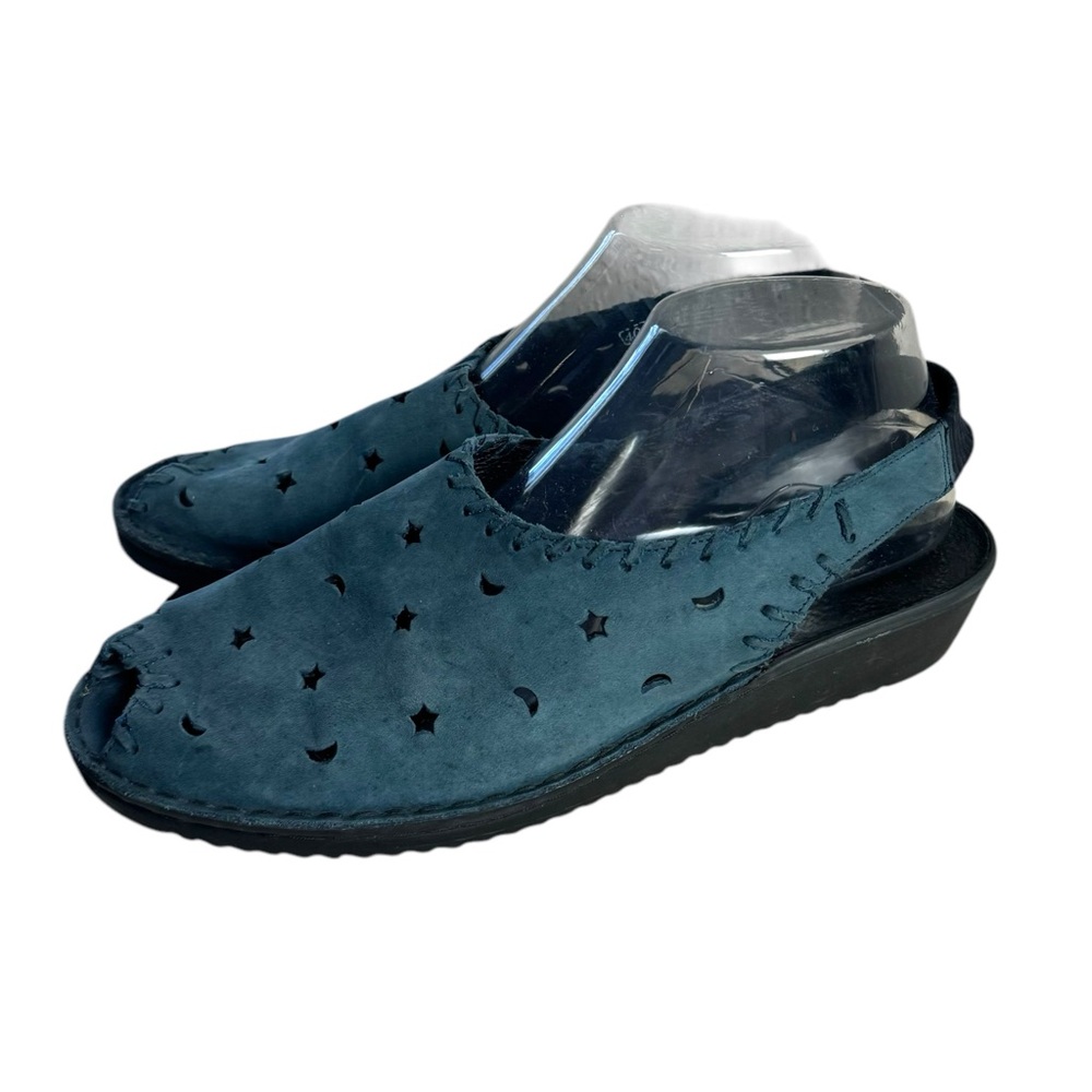Rieker Moon Star Perforated Blue Leather Upper Peep Toe Shoes Size 9
